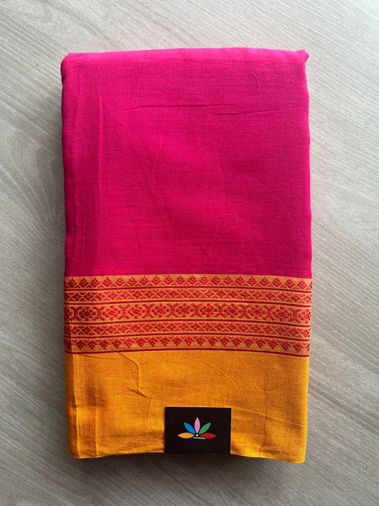 Vivid Pink Contrast Border Bengal Soft Cotton Saree (Without Blouse) - 32688_32689