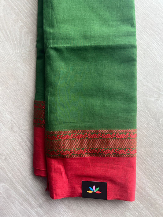Forest Green Contrast Border Bengal Soft Cotton Saree (Without Blouse) - 32690_32691