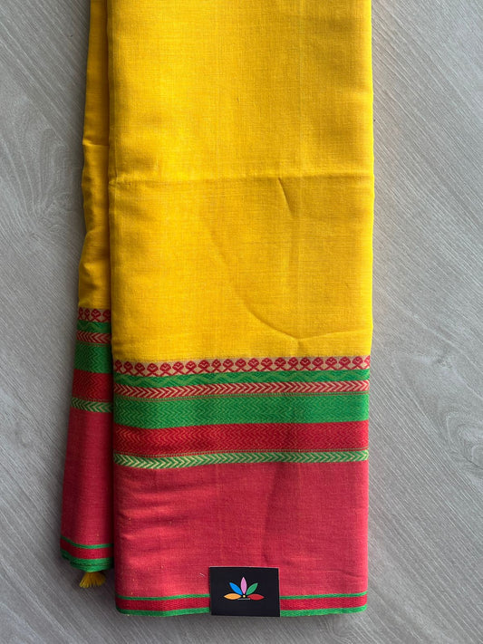 Amber Yellow Contrast Border Bengal Soft Cotton Saree (Without Blouse) - 32710_32711