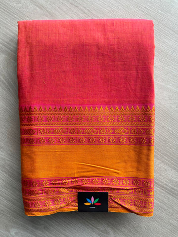 Double Tone (Muted Red/Golden Yellow) Fish Border Bengal Soft Cotton Saree - 32733_32738