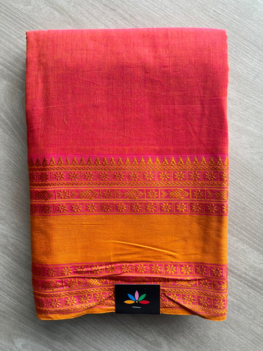 Double Tone (Muted Red/Golden Yellow) Fish Border Bengal Soft Cotton Saree - 32733_32738