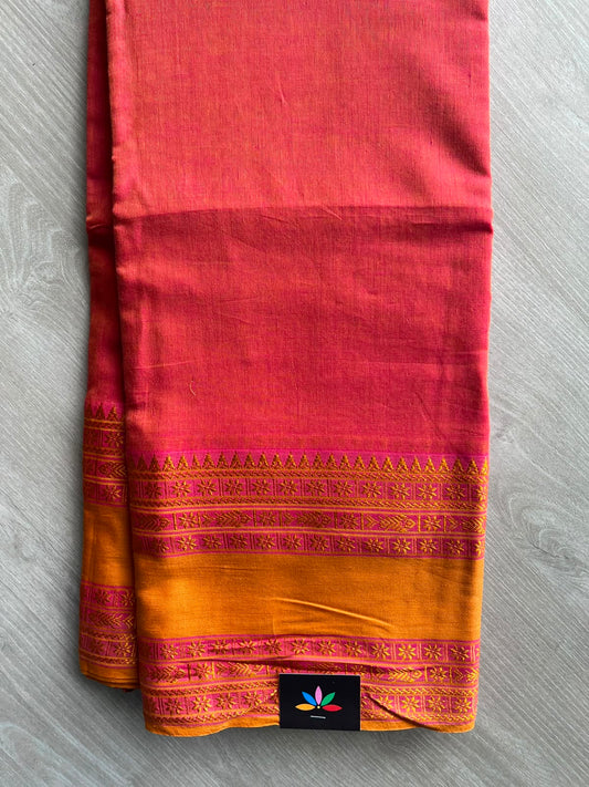 Double Tone (Muted Red/Golden Yellow) Fish Border Bengal Soft Cotton Saree - 32733_32738