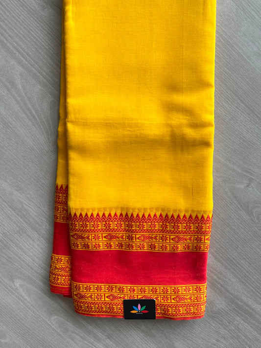 Bright Yellow Fish Border Bengal Soft Cotton Saree - 32734