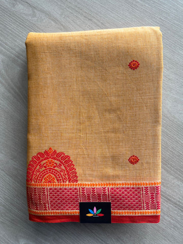 Double Tone (Golden Yellow/Light Beige) Handloom Tangail Soft Cotton Saree - 32748