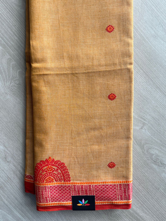 Double Tone (Golden Yellow/Light Beige) Handloom Tangail Soft Cotton Saree - 32748