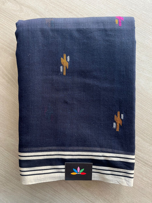 Midnight Navy Blue Handwoven Bengal Soft Cotton Jamdani Saree - 32753