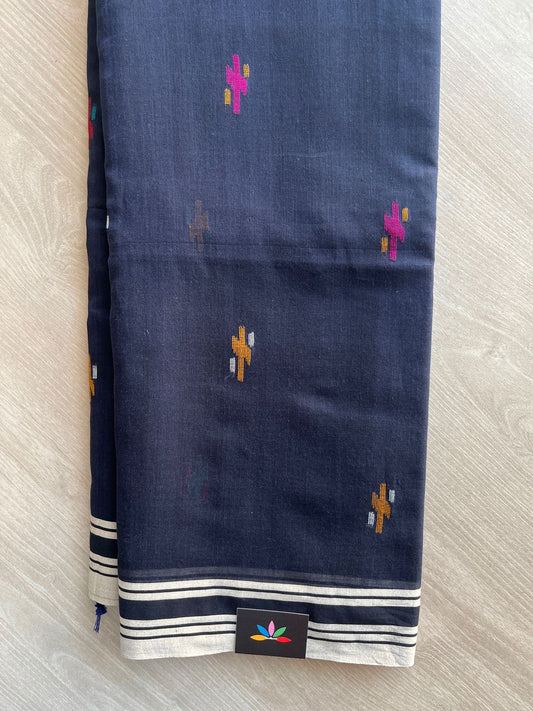 Midnight Navy Blue Handwoven Bengal Soft Cotton Jamdani Saree - 32753