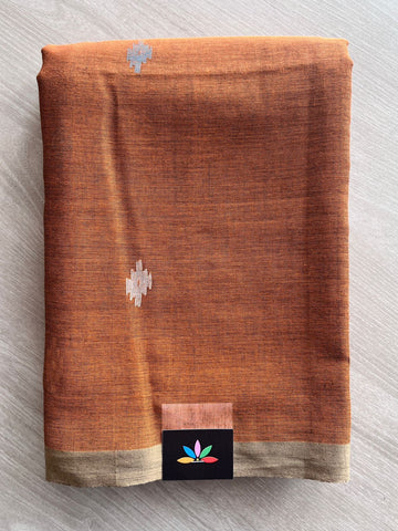 Double Tone (Rust Orange/Black) Handwoven Bengal Soft Cotton Jamdani Saree - 32755