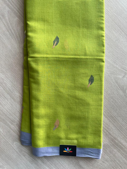 Bright Olive Shade Handwoven Bengal Soft Cotton Jamdani Saree - 32760