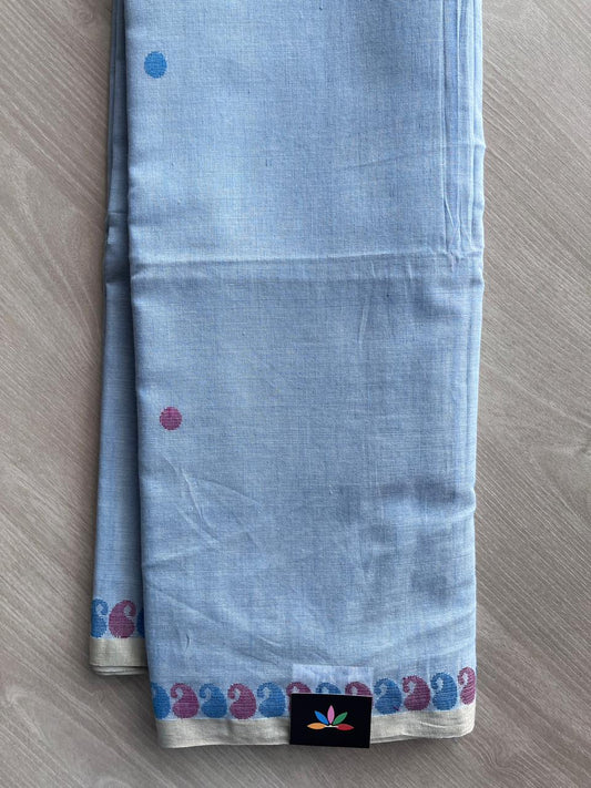 Dark Pastel Blue Paisley Border Handloom Fine Bengal Soft Cotton Saree - 32763