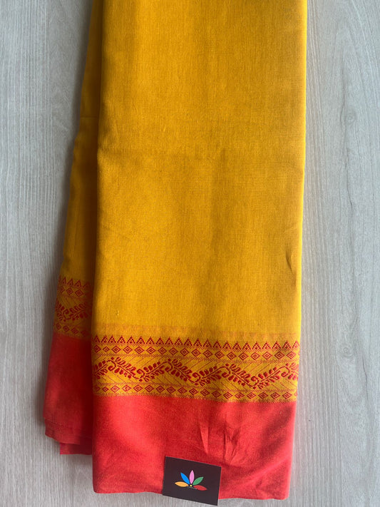 Mustard Yellow Contrast Border Bengal Soft Cotton Saree (Without Blouse) - 32767