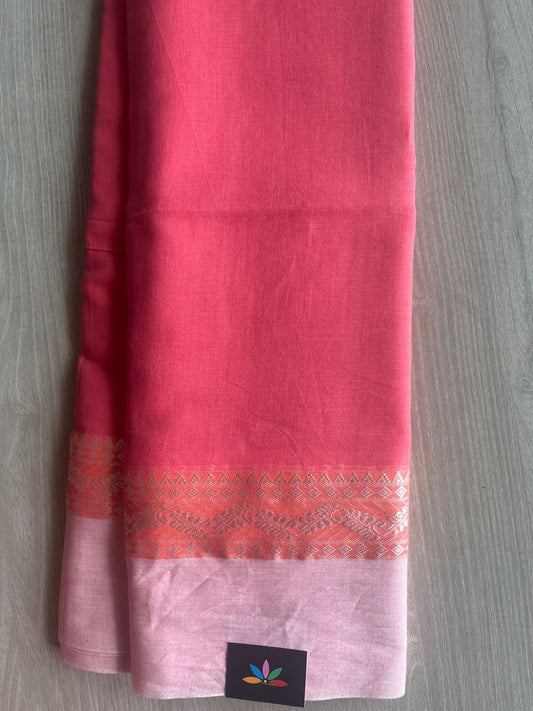 Watermelon Pink Contrast Border Bengal Soft Cotton Saree (Without Blouse) -32769-32770
