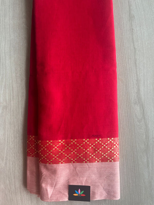 Cherry Red Contrast Border Bengal Soft Cotton Saree (Without Blouse) -32771-32772