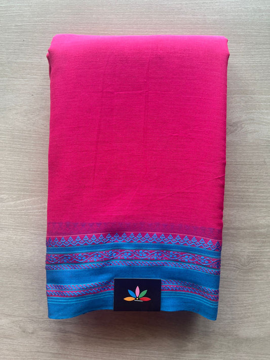Dark Hot Pink Contrast Border Bengal Soft Cotton Saree (Without Blouse) -32773-32774