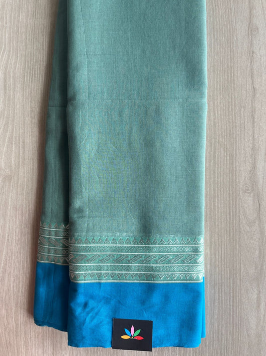 Dusty Teal Contrast Border Bengal Soft Cotton Saree (Without Blouse) -32777-32778