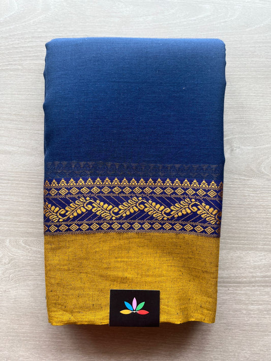 Rich Deep Blue Contrast Border Bengal Soft Cotton Saree (Without Blouse) -32779-32780