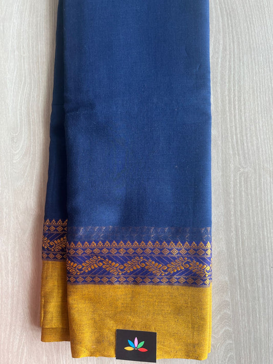 Rich Deep Blue Contrast Border Bengal Soft Cotton Saree (Without Blouse) -32779-32780