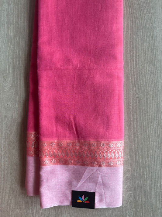 Watermelon Pink Contrast Border Bengal Soft Cotton Saree (Without Blouse) -32786-32788