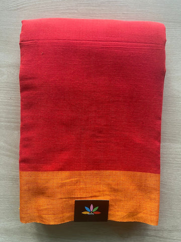 Cherry Red Contrast Border Bengal Soft Cotton Saree - 32825