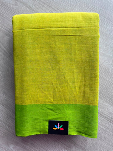 Lime Green Contrast Border Bengal Soft Cotton Saree - 32850