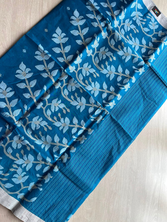 Venice Blue Handloom Fine Jamdani Starched Cotton Saree (Without Blouse) - 32861
