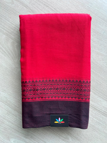 Cherry Red Contrast Border Bengal Soft Cotton Saree (Without Blouse) -32813-32814
