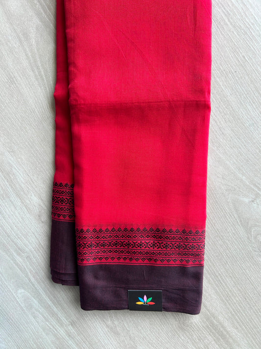 Cherry Red Contrast Border Bengal Soft Cotton Saree (Without Blouse) -32813-32814