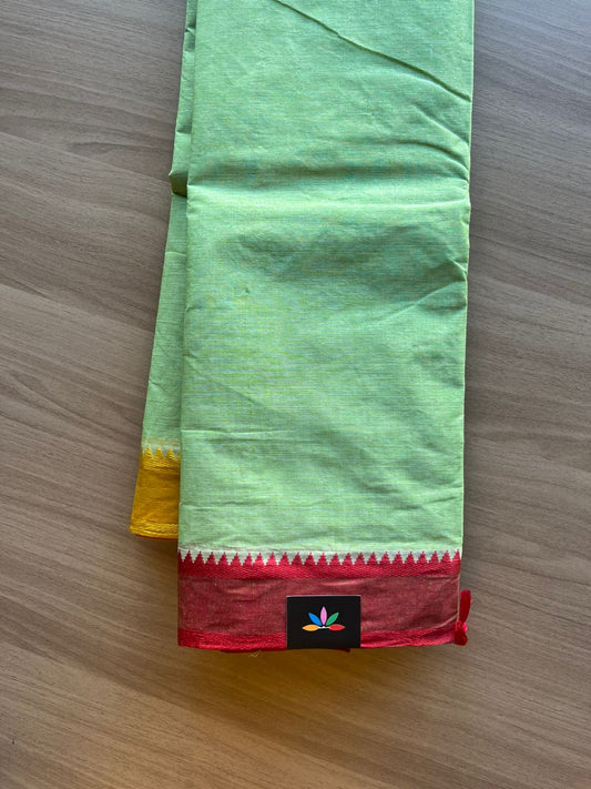 Contrast Temple Border Plain Cotton Saree - (Starched) -23101