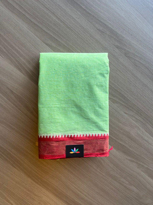 Contrast Temple Border Plain Cotton Saree - (Starched) -23101