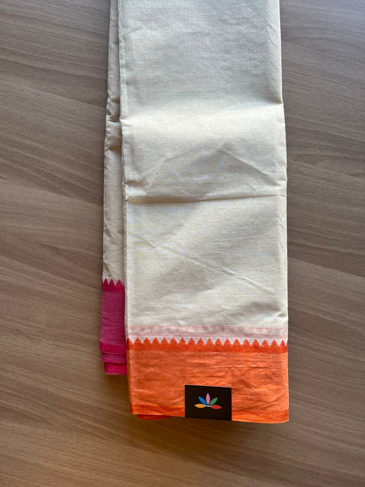 Contrast Temple Border Plain Cotton Saree - (Starched) -23102