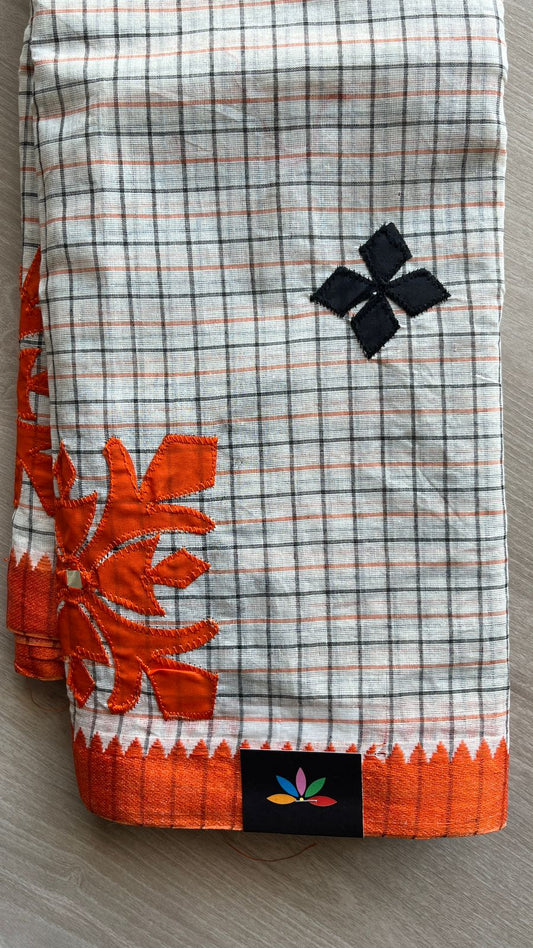 Appliqué work Checked Bengal Cotton Starched Saree -26019