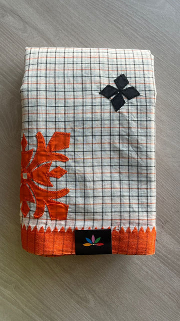 Appliqué work Checked Bengal Cotton Starched Saree -26019