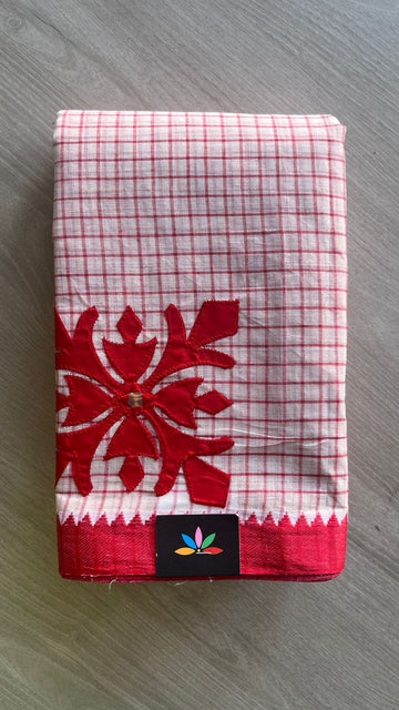 Appliqué work Checked Bengal Cotton Starched Saree -26020