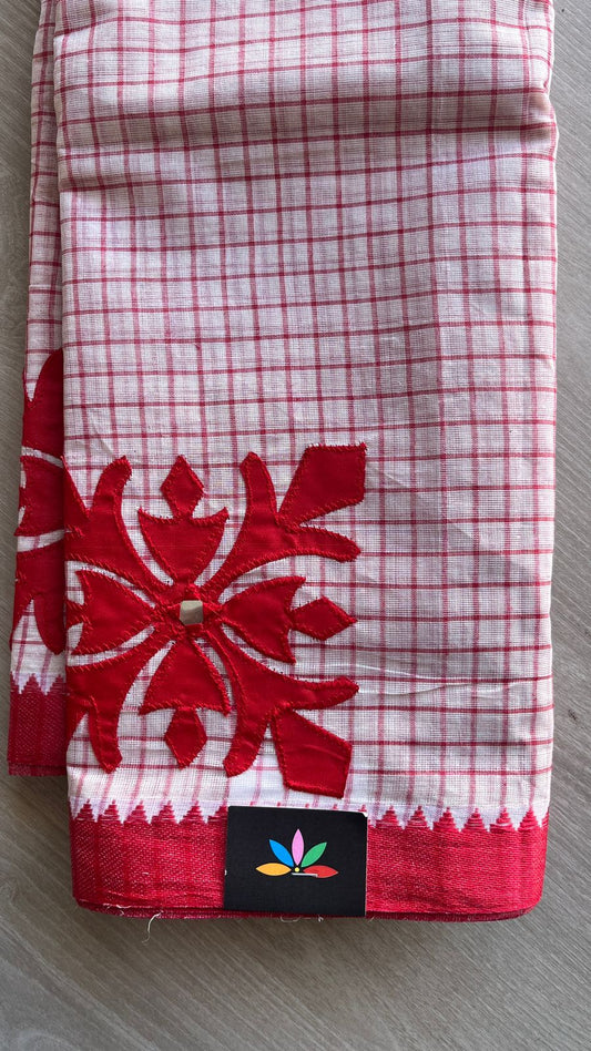 Appliqué work Checked Bengal Cotton Starched Saree -26020