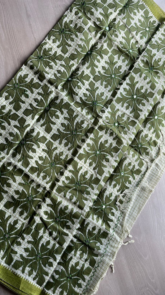 Appliqué work Checked Bengal Cotton Starched Saree -26021