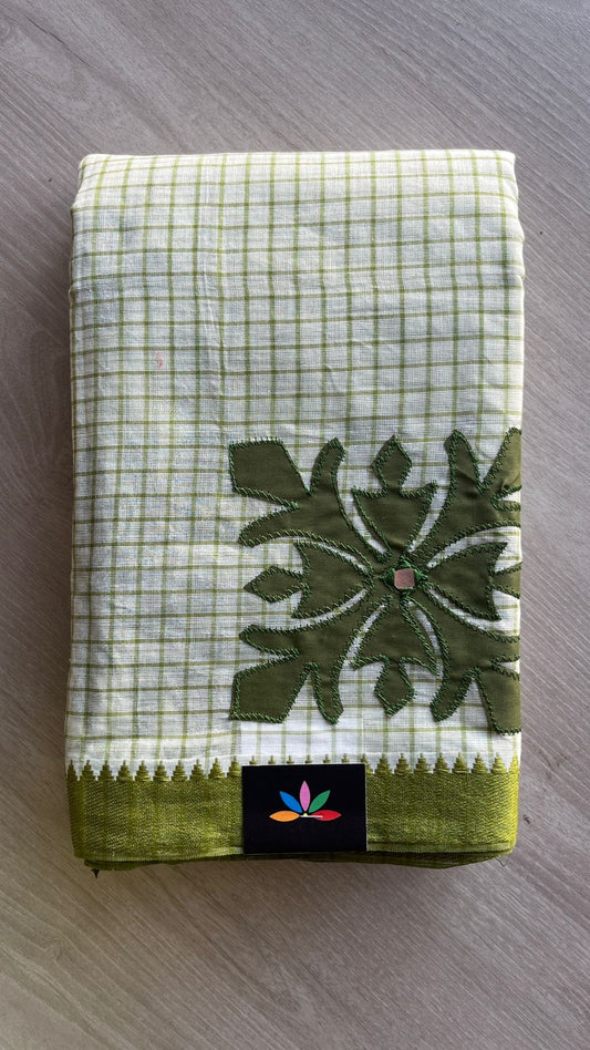 Appliqué work Checked Bengal Cotton Starched Saree -26021