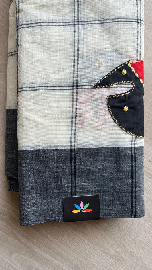 Fish Appliqué work with Checked Cotton Saree -26025