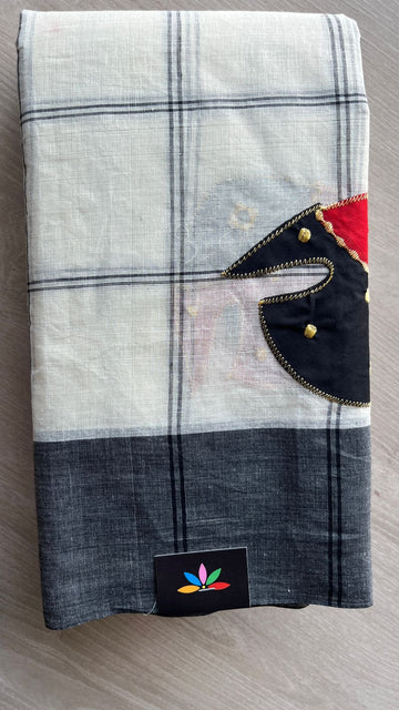 Fish Appliqué work with Checked Cotton Saree -26025