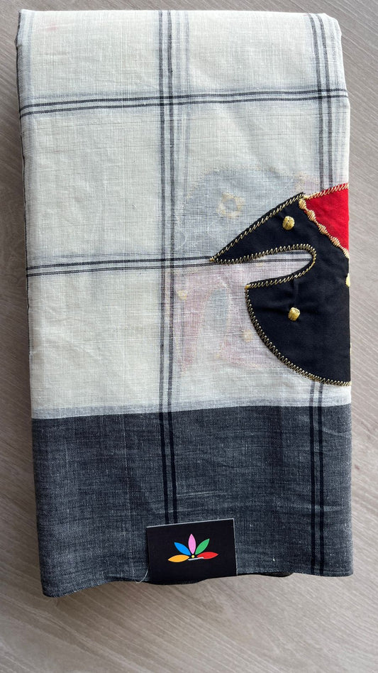 Fish Appliqué work with Checked Cotton Saree -26025