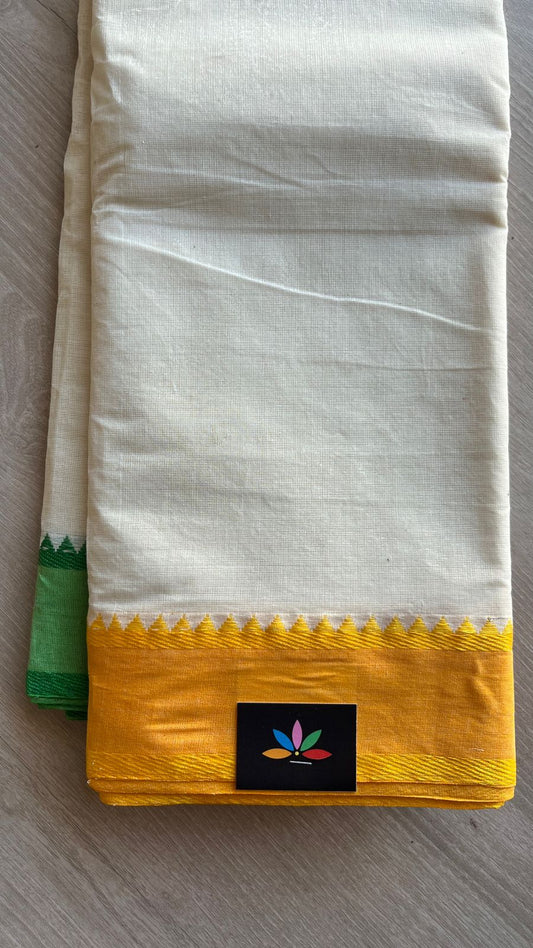 Contrast Temple Border Plain Cotton Saree - (Starched) -26047