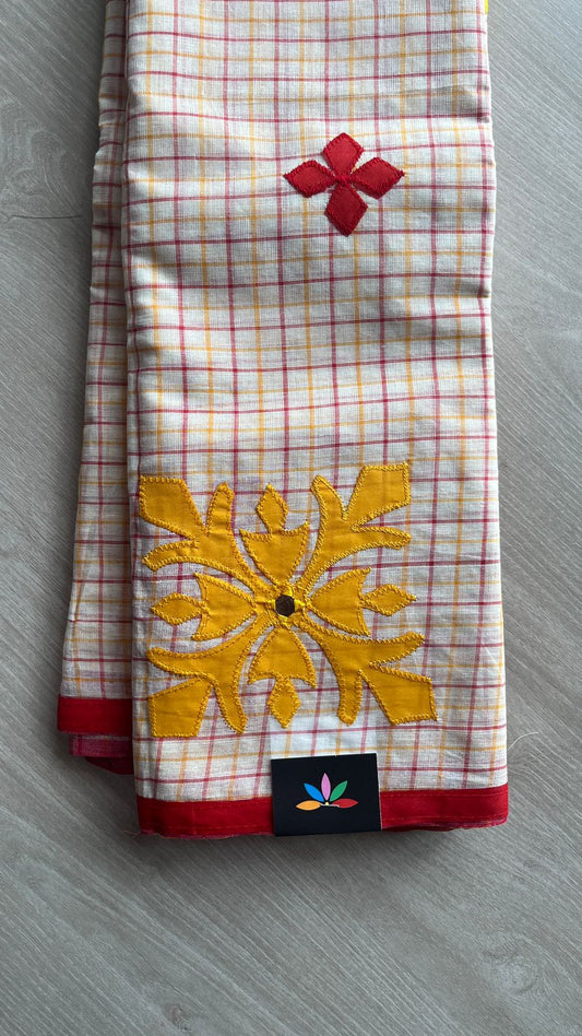 Appliqué work Checked Bengal Cotton Saree -26120