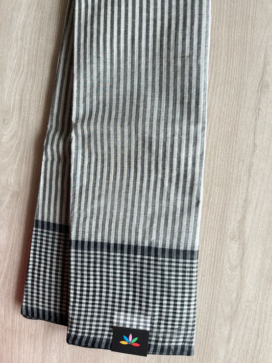 White & Black Simple Stripped Cotton Saree (Without blouse) - 31137-31140