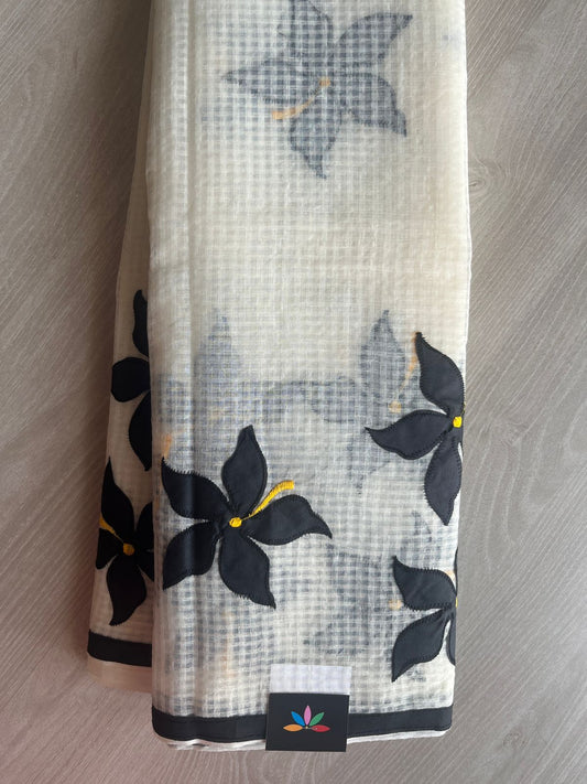 Stylized Lily Applique Work Kota Checks Saree (Without blouse)-29544