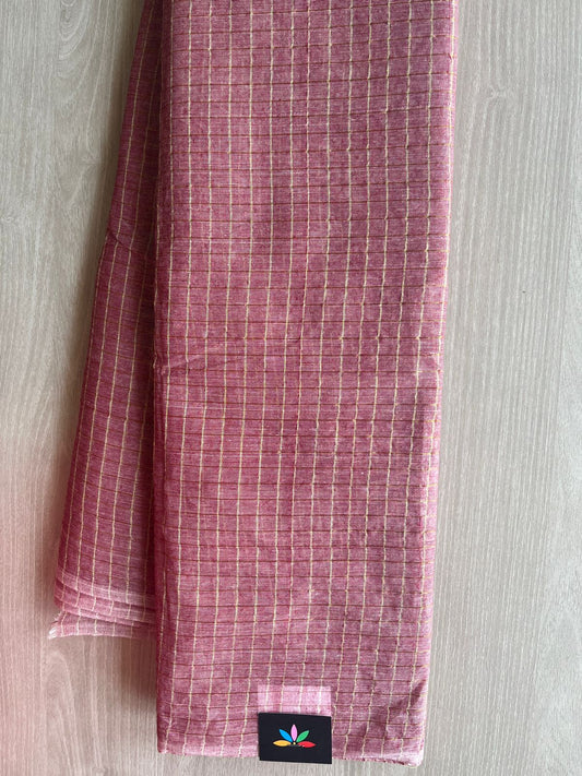 Muted Pink Simple Zari Checks Cotton Starched Saree (Without blouse) -29634-29635
