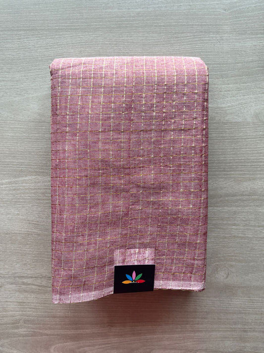 Muted Pink Simple Zari Checks Cotton Starched Saree (Without blouse) -29634-29635