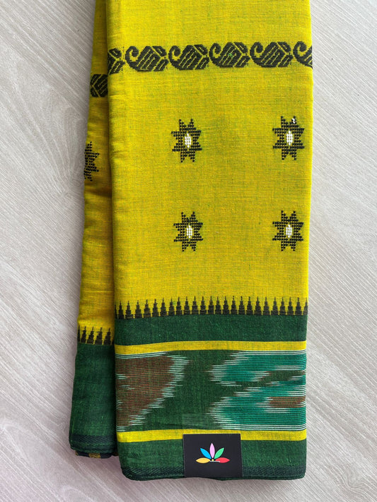 Double Tone (Yellow/Emerald Green) Handloom Bengal Soft Cotton Saree (Without blouse) -30859
