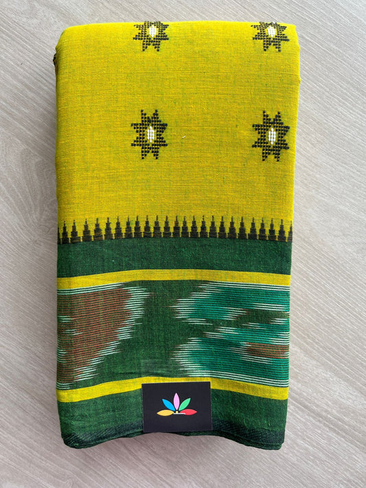 Double Tone (Yellow/Emerald Green) Handloom Bengal Soft Cotton Saree (Without blouse) -30859