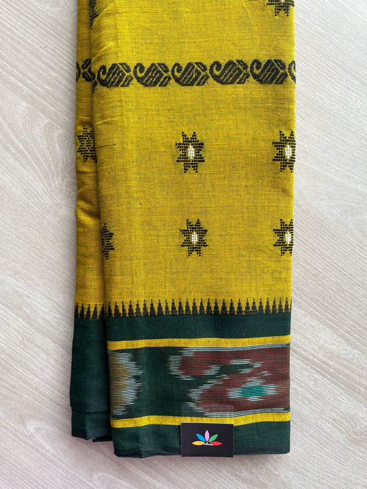 Double Tone (Yellow/Forest Green) Handloom Bengal Soft Cotton Saree (Without blouse) -30861