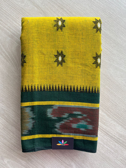 Double Tone (Yellow/Forest Green) Handloom Bengal Soft Cotton Saree (Without blouse) -30861