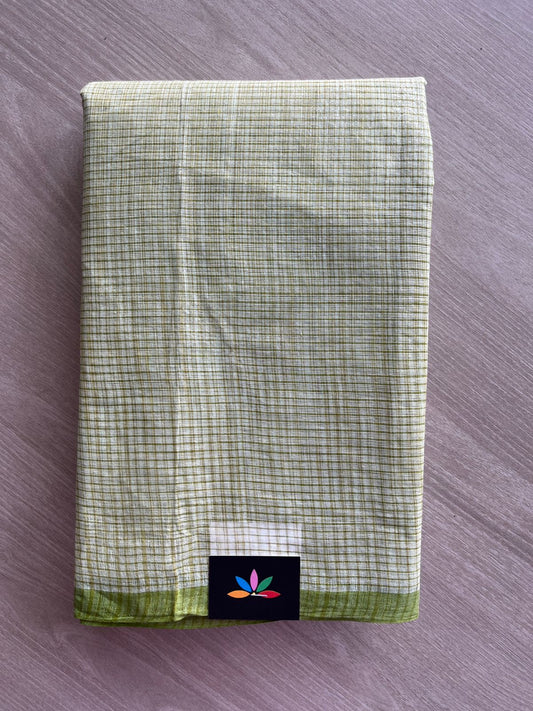 White & Olive Green Small Checked Cotton Starched Saree (Without blouse)- 36386-36388